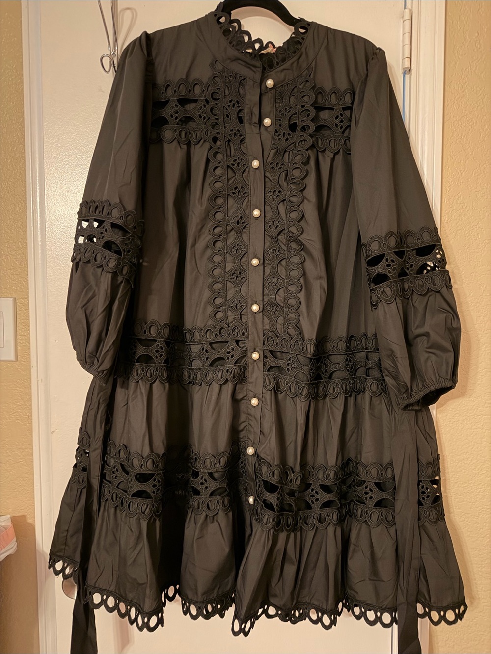entro Black Eyelet-Trim Mini Dress with Pearl Buttons